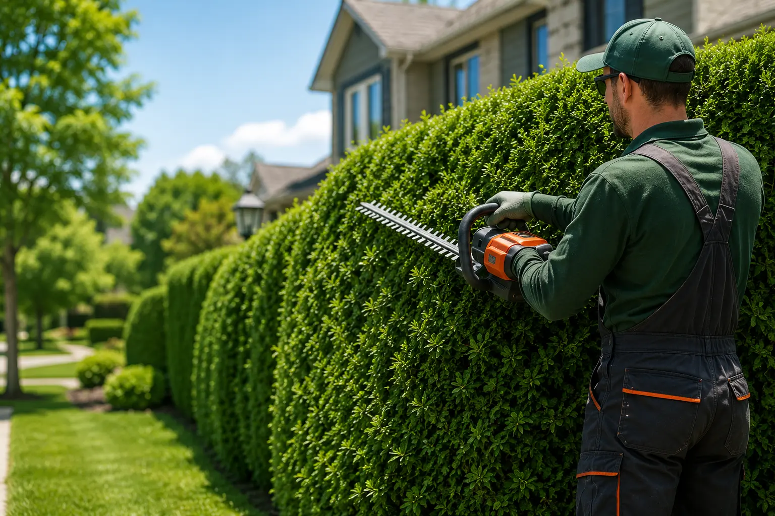 Professional hedge trimming service maintaining healthy green hedges on a residential property in Ottawa Ontario