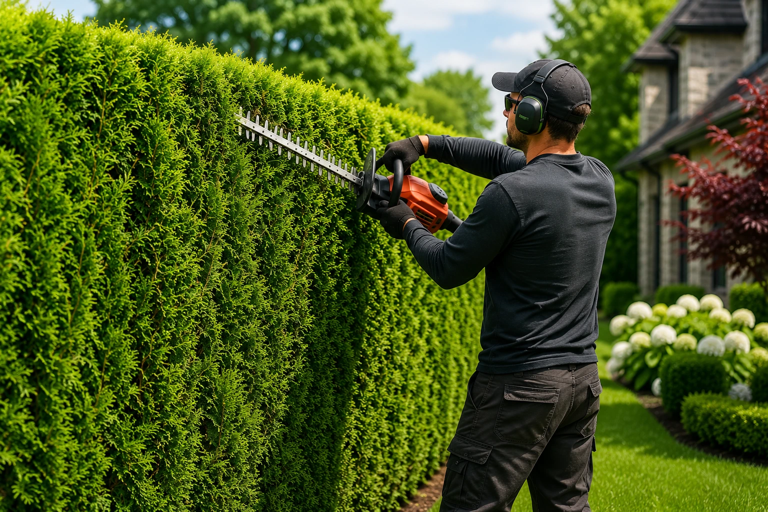 Professional hedge trimming service maintaining healthy cedar privacy hedges in Ottawa