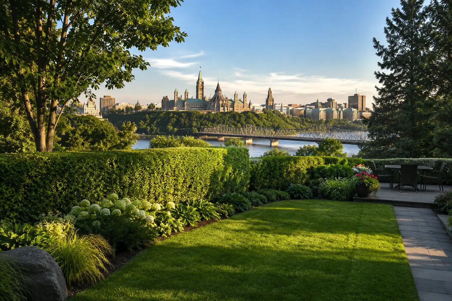 Northern Edge Green Landscape Maintenance Ottawa Beautiful Ottawa residential landscape showcasing healthy lawns, trimmed hedges, and professionally maintained outdoor spaces