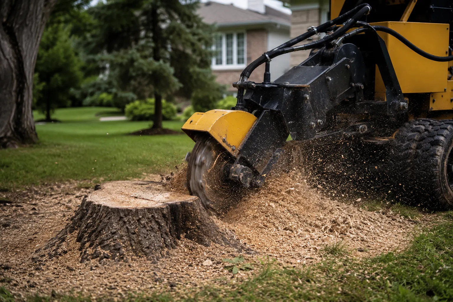 Professional stump grinding service removing a tree stump in a residential Ottawa property